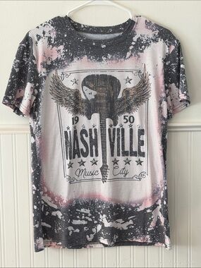 Nashville Music City Graphic Tee - Pink & Black Acid Wash